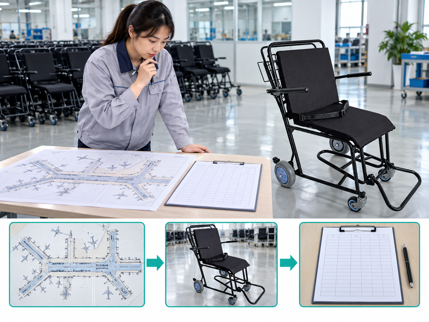 Illustrative airport wheelchair fleet sizing workflow chart with photographic steps; no test results