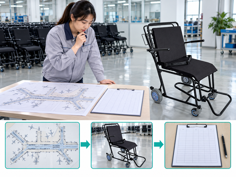 Airport wheelchair fleet sizing illustrated with a product scene and process chart