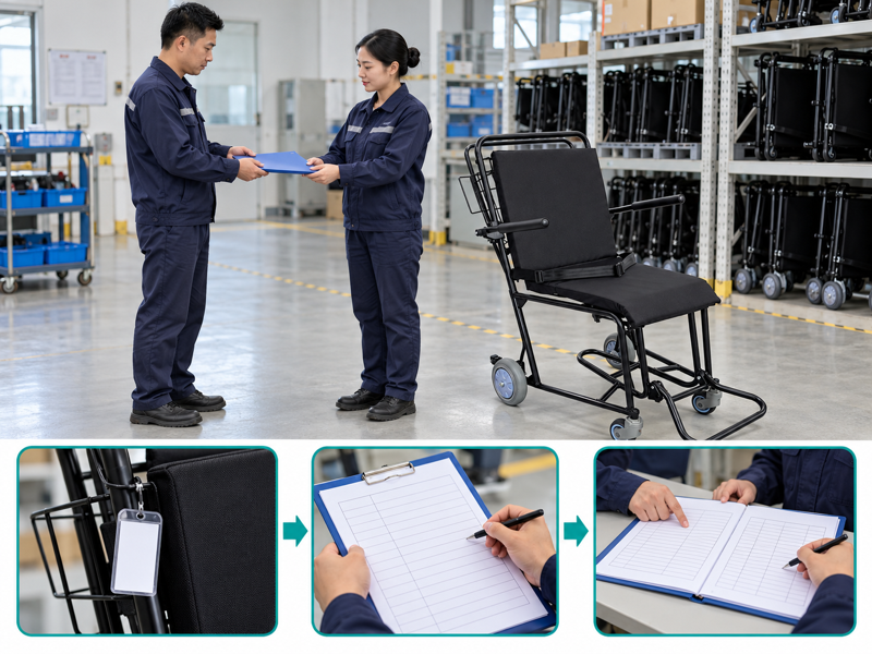 Airport wheelchair shift handover illustrated with a product scene and process chart