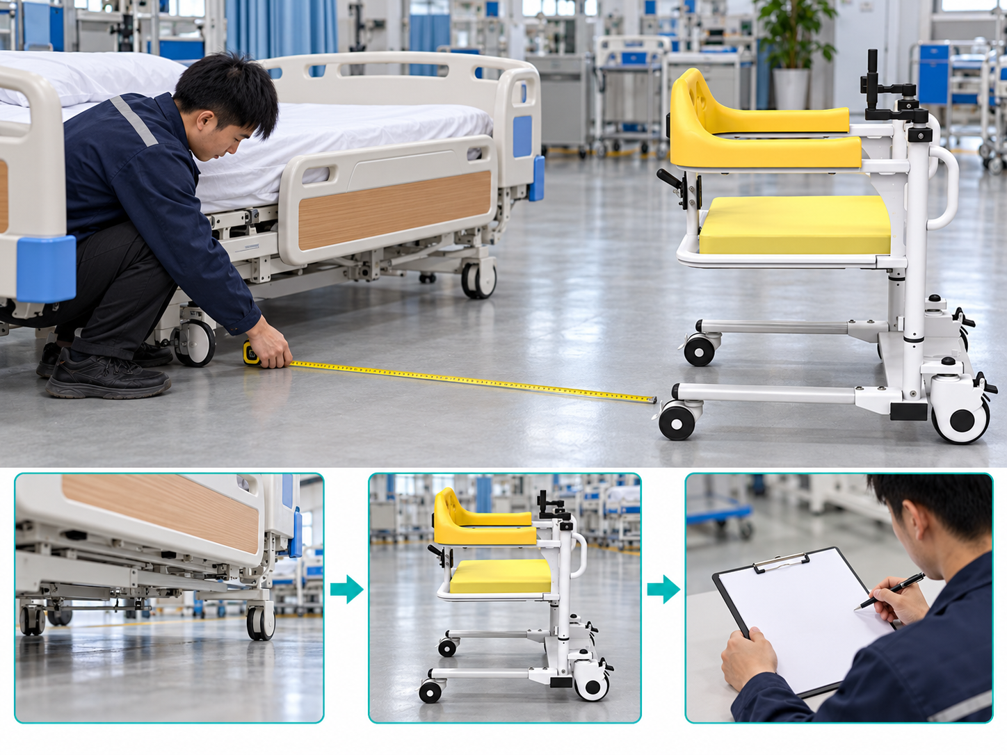 Illustrative transfer chair bed clearance workflow chart with photographic steps; no test results