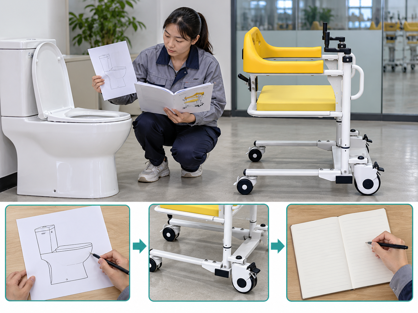 Illustrative transfer chair toilet fit workflow chart with photographic steps; no test results