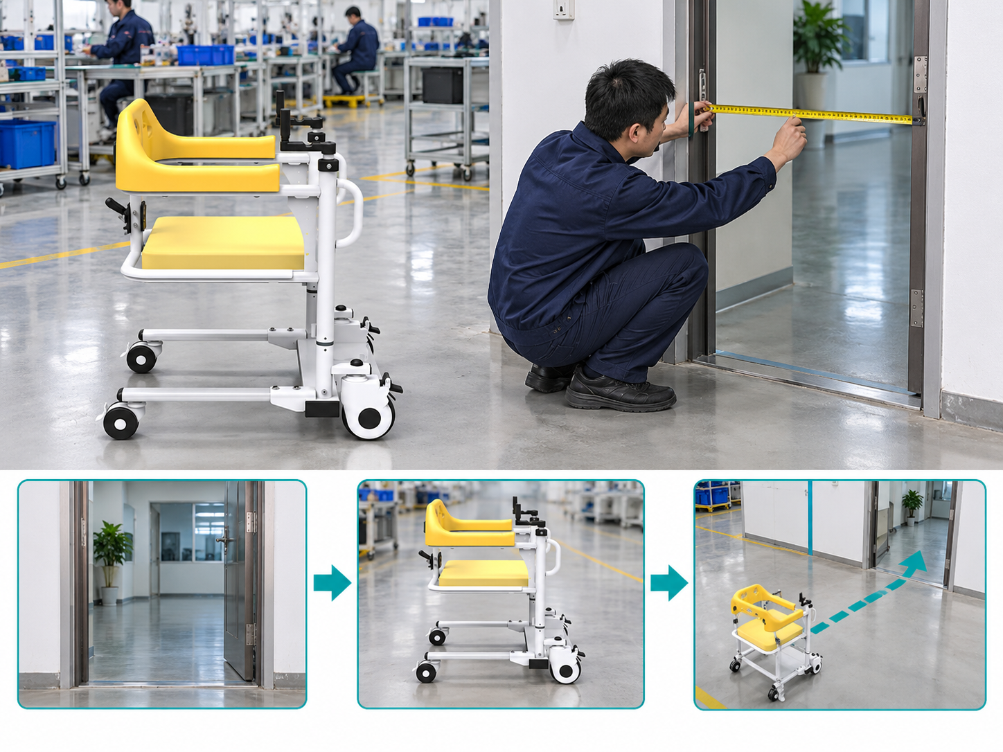 Illustrative transfer chair doorway access workflow chart with photographic steps; no test results