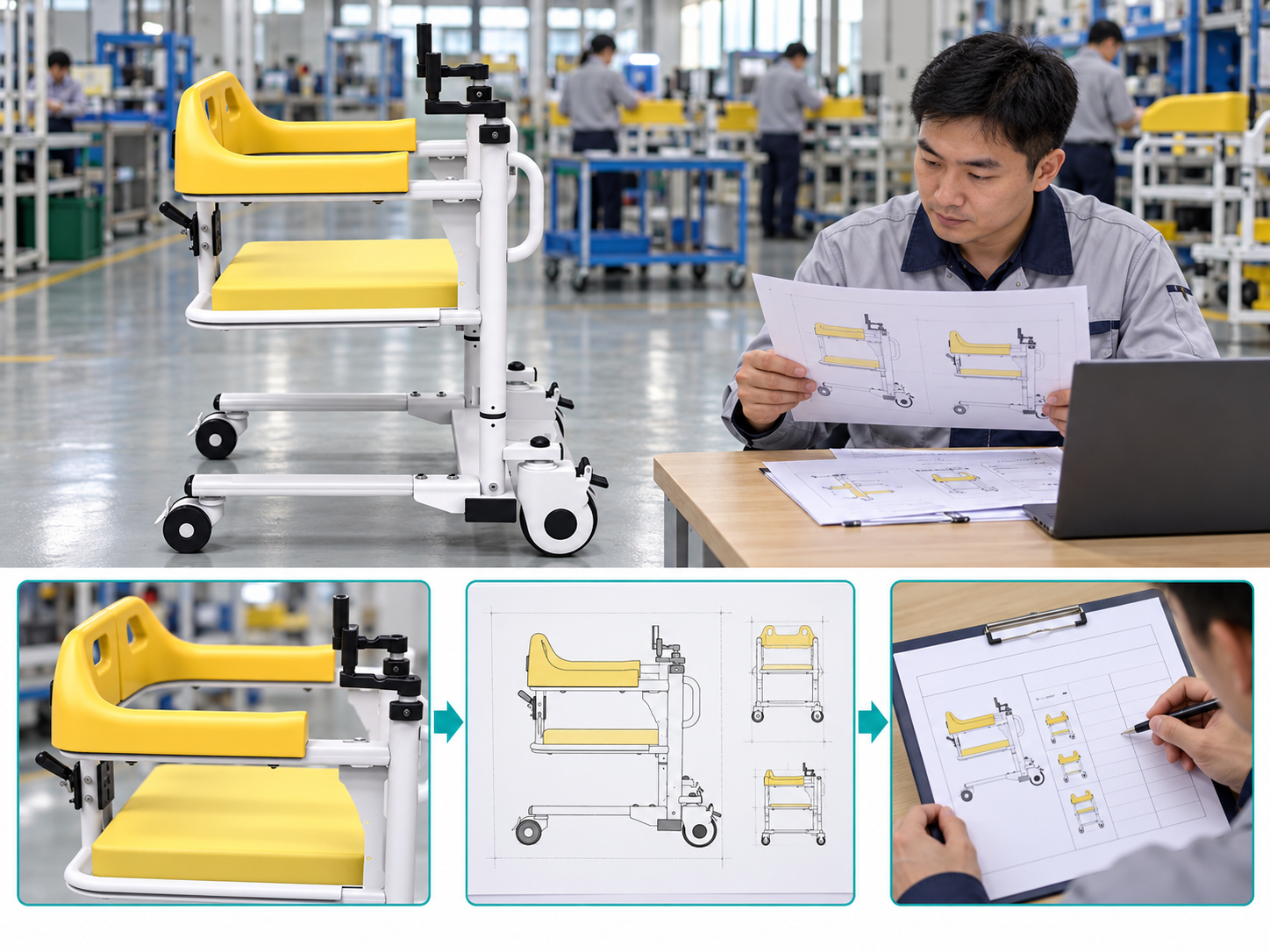 Illustrative transfer chair seat configuration workflow chart with photographic steps; no test results