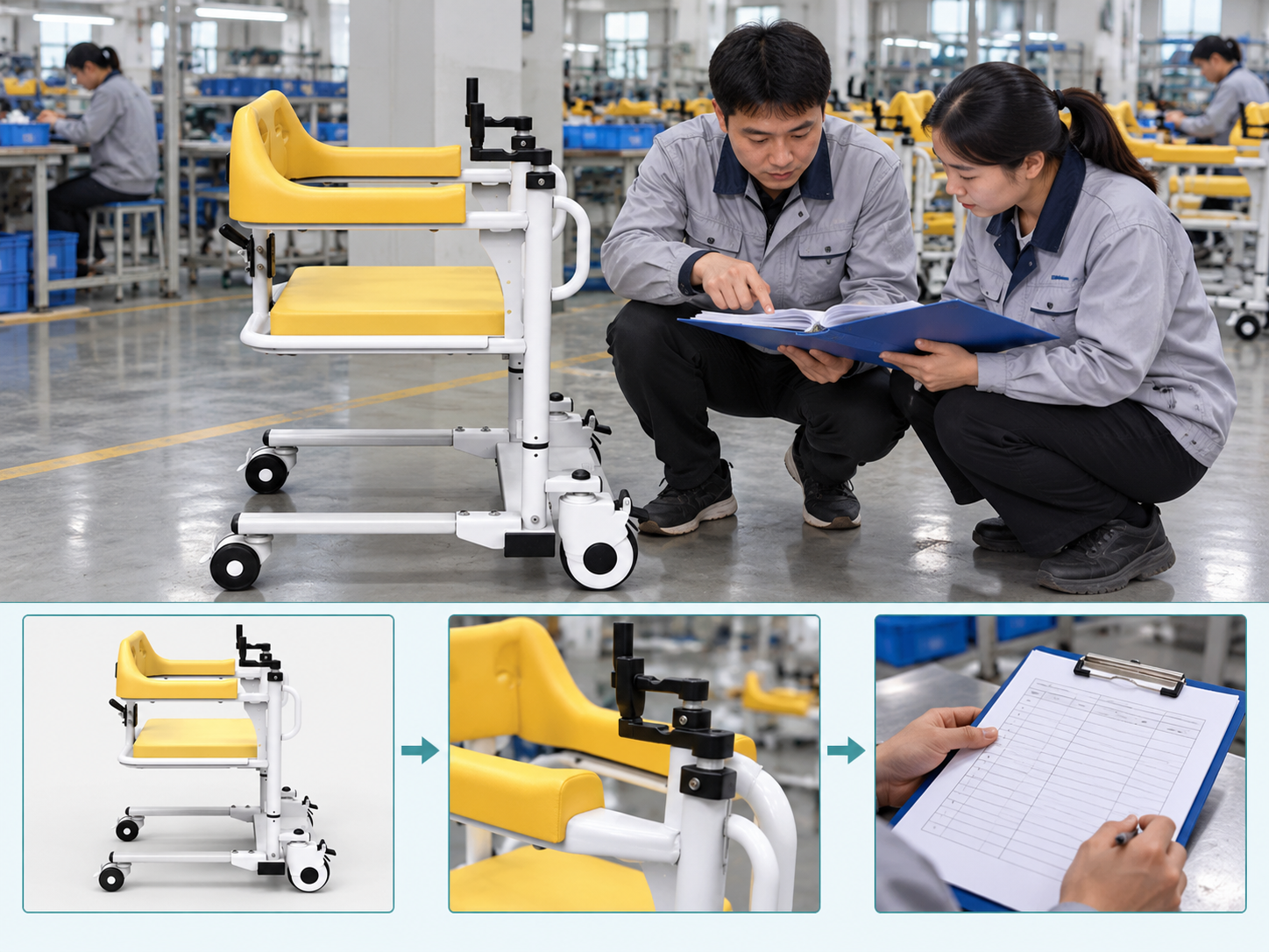 Illustrative transfer chair sample review workflow chart with photographic steps; no test results
