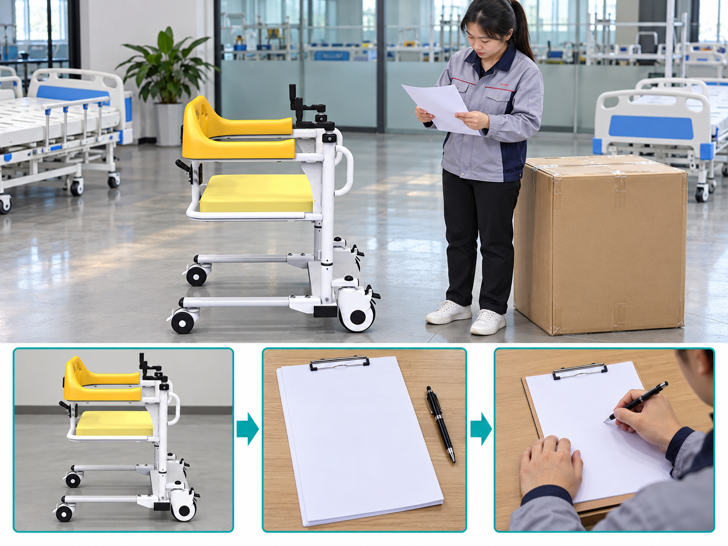 Illustrative transfer chair order checklist workflow chart with photographic steps; no test results