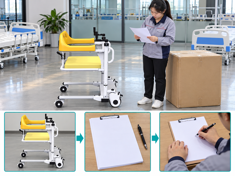 Transfer chair order checklist illustrated with a product scene and process chart