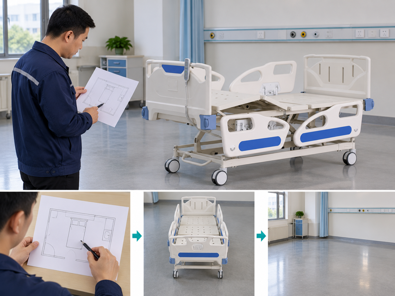 Hospital bed room layout illustrated with a product scene and process chart
