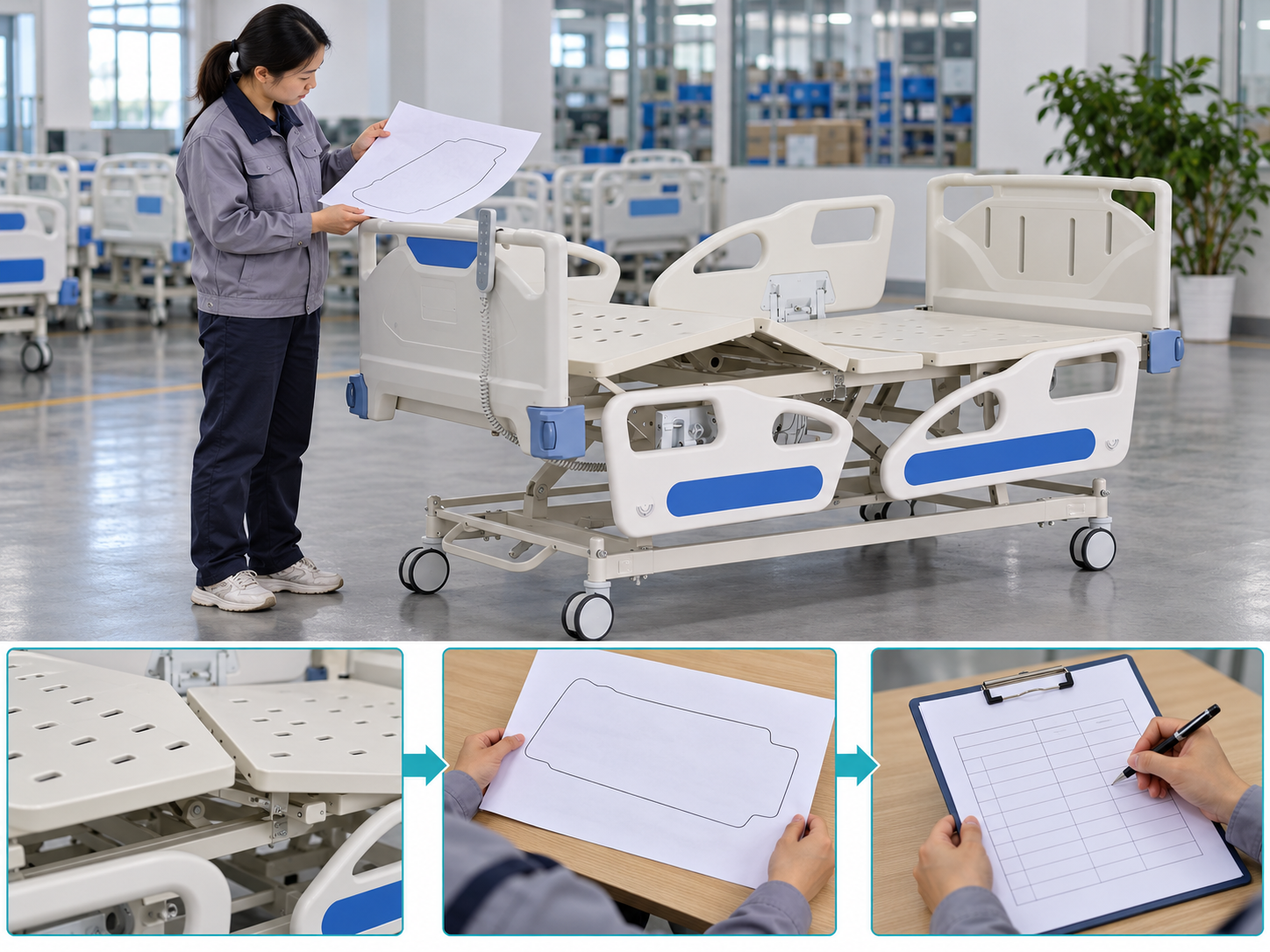 Illustrative hospital bed mattress fit workflow chart with photographic steps; no test results