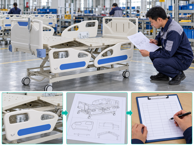Hospital bed rail compatibility illustrated with a product scene and process chart