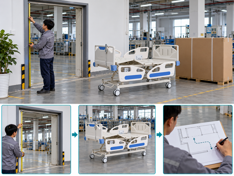 Hospital bed delivery access illustrated with a product scene and process chart