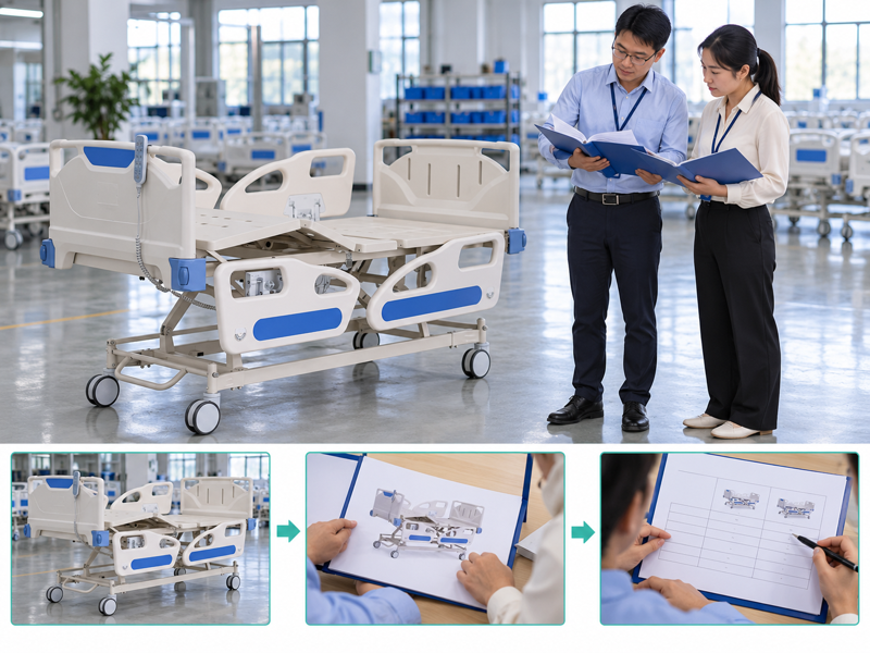 Hospital bed model comparison illustrated with a product scene and process chart
