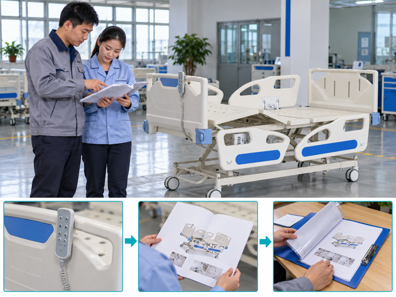 Hospital bed handover checklist illustrated with a product scene and process chart