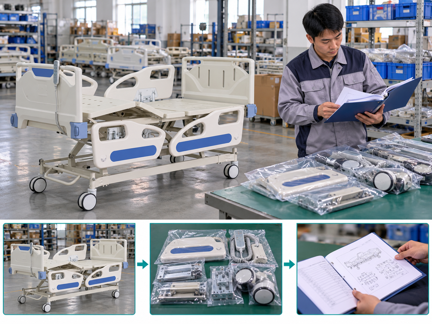 Illustrative hospital bed spare parts workflow chart with photographic steps; no test results