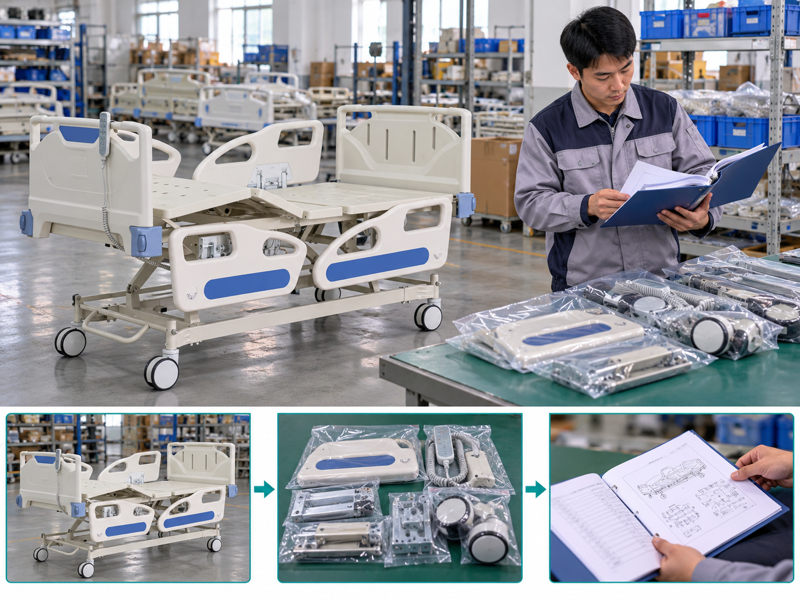Hospital bed spare parts illustrated with a product scene and process chart