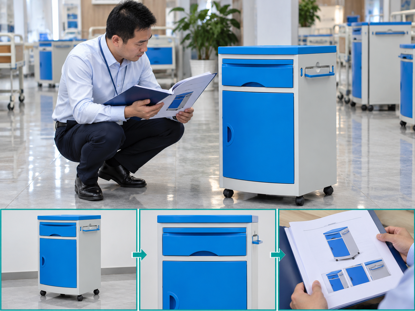 Illustrative hospital bedside cabinet workflow chart with photographic steps; no test results