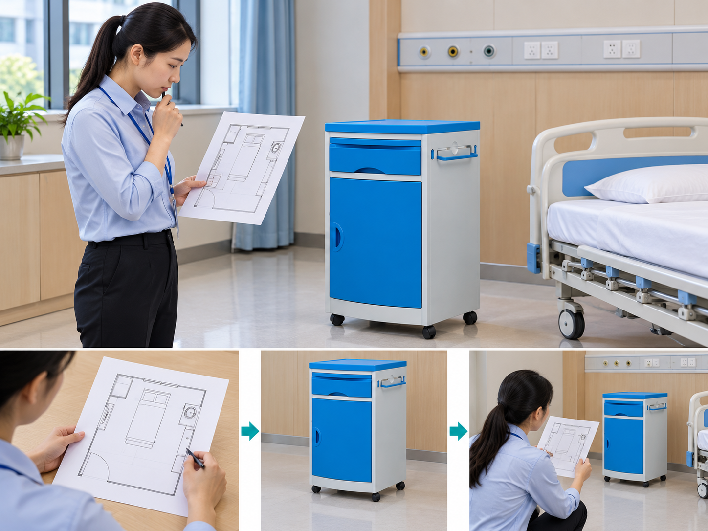 Illustrative bedside cabinet room layout workflow chart with photographic steps; no test results