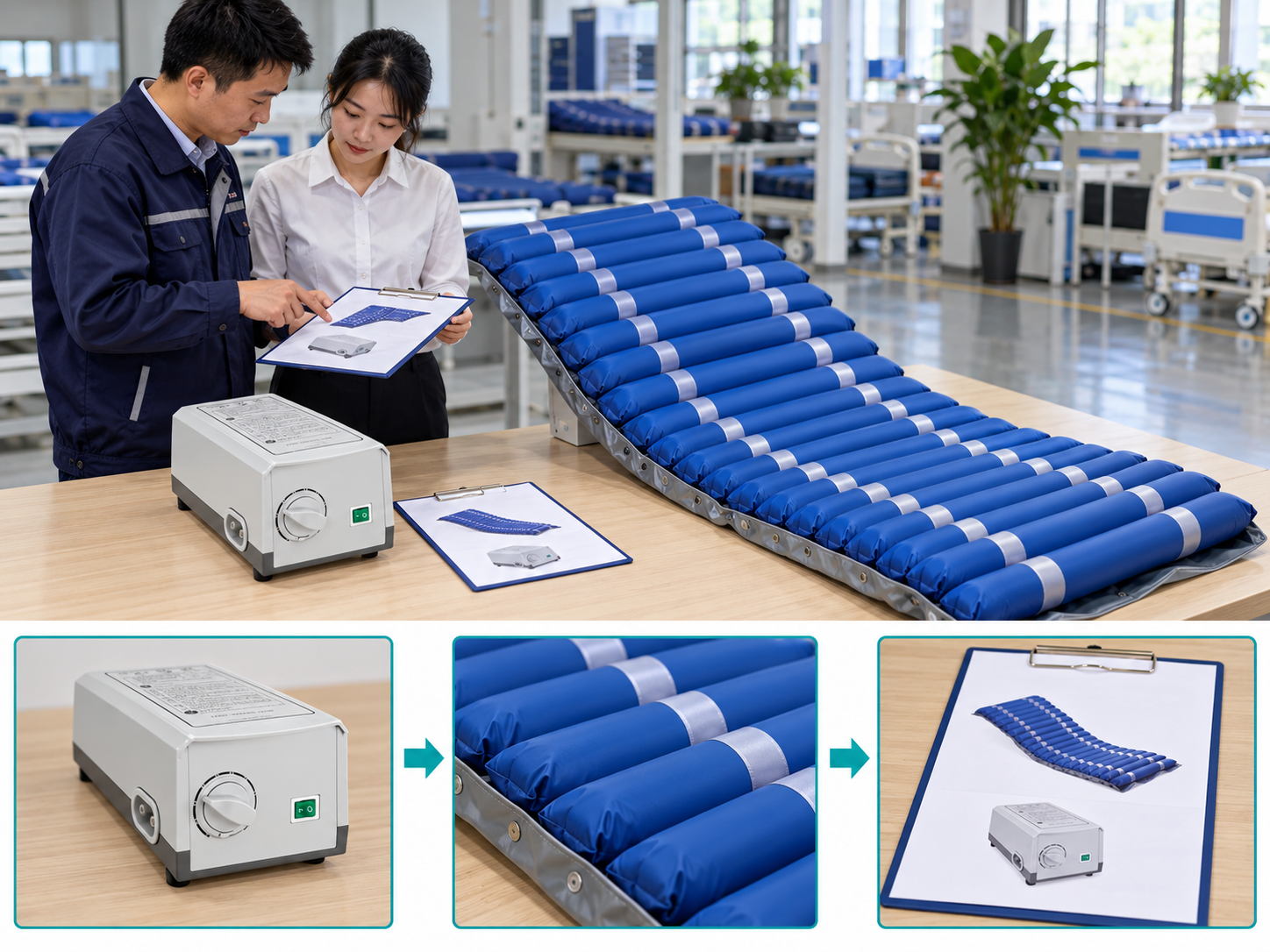 Illustrative air mattress pump matching workflow chart with photographic steps; no test results
