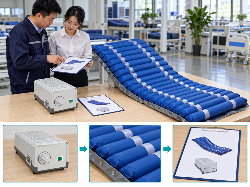 Air mattress pump matching illustrated with a product scene and process chart