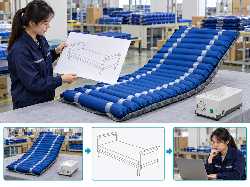Air mattress bed fit illustrated with a product scene and process chart