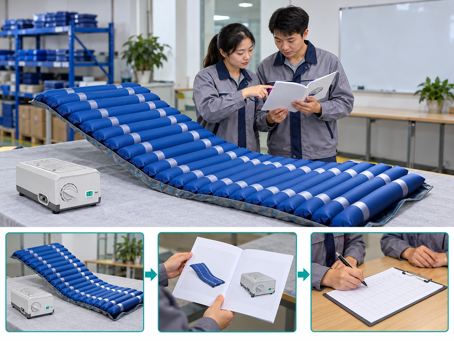 Illustrative air mattress care handover workflow chart with photographic steps; no test results