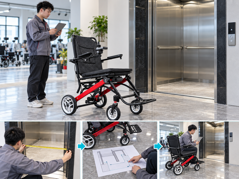 Electric wheelchair lift fit illustrated with a wheelchair scene and photographic workflow