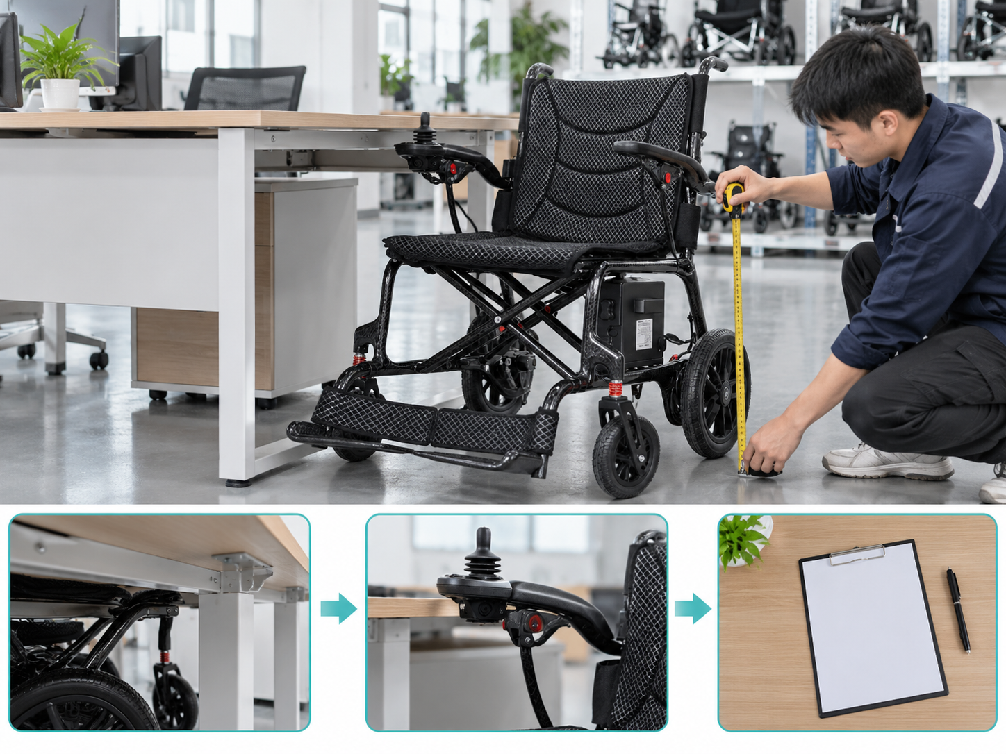Illustrative electric wheelchair desk fit workflow chart; no test results