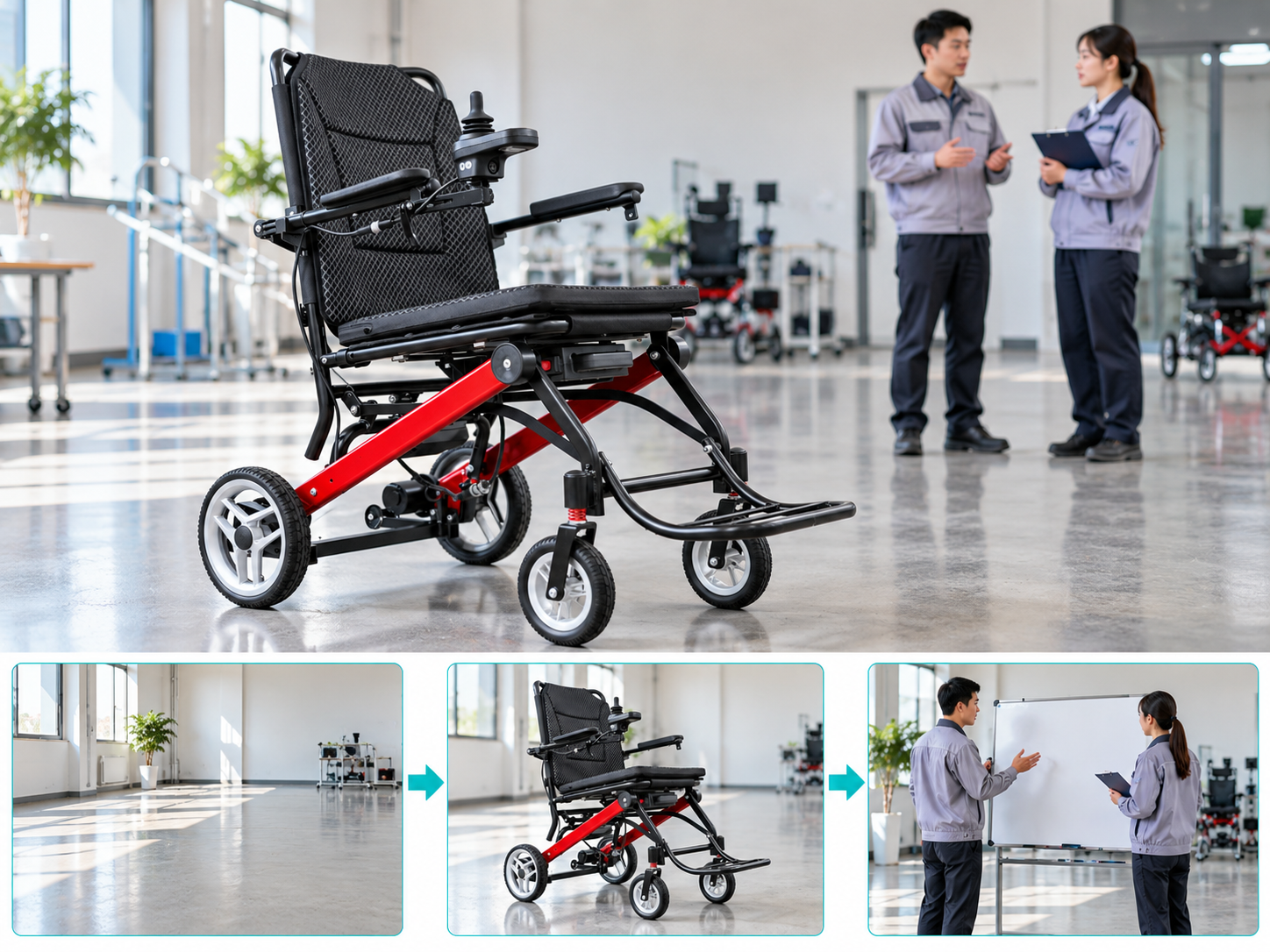 Illustrative power chair demo room workflow chart; no test results