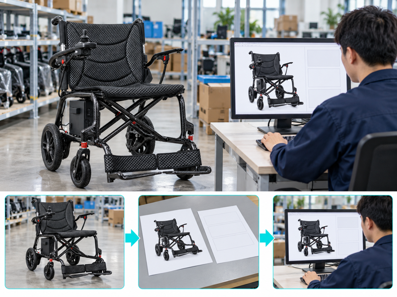 Electric wheelchair listings illustrated with a wheelchair scene and photographic workflow