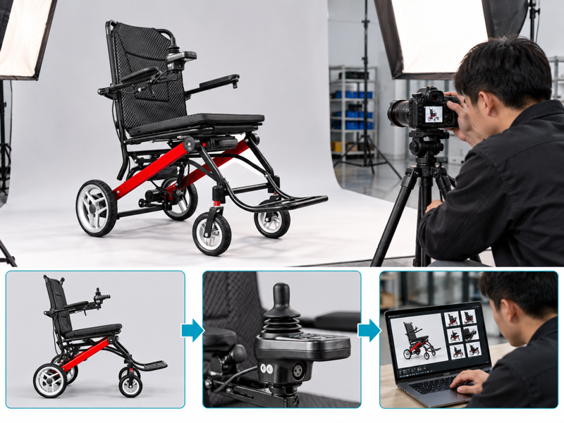 Electric wheelchair photos illustrated with a wheelchair scene and photographic workflow