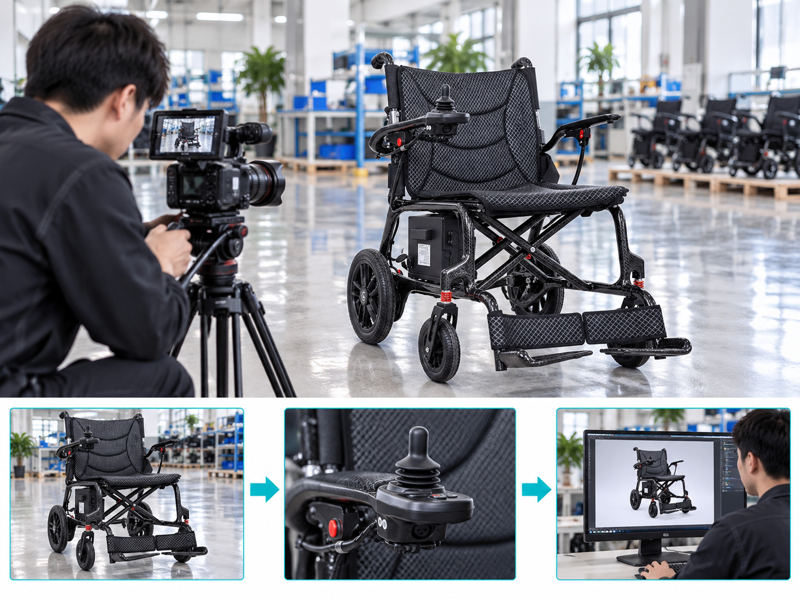 Electric wheelchair video illustrated with a wheelchair scene and photographic workflow