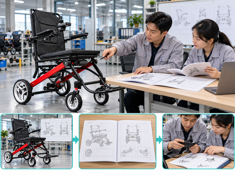 Power chair manual translation illustrated with a wheelchair scene and photographic workflow