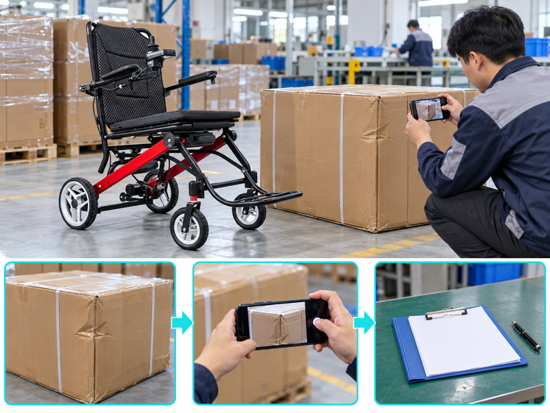 Power chair delivery damage illustrated with a wheelchair scene and photographic workflow