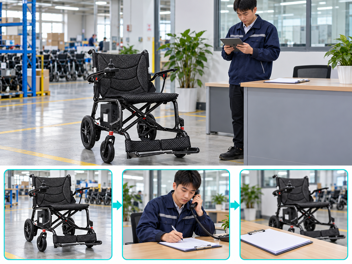 Illustrative electric wheelchair returns workflow chart; no test results