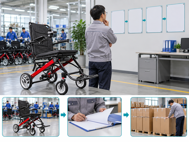 Electric wheelchair lead time illustrated with a wheelchair scene and photographic workflow