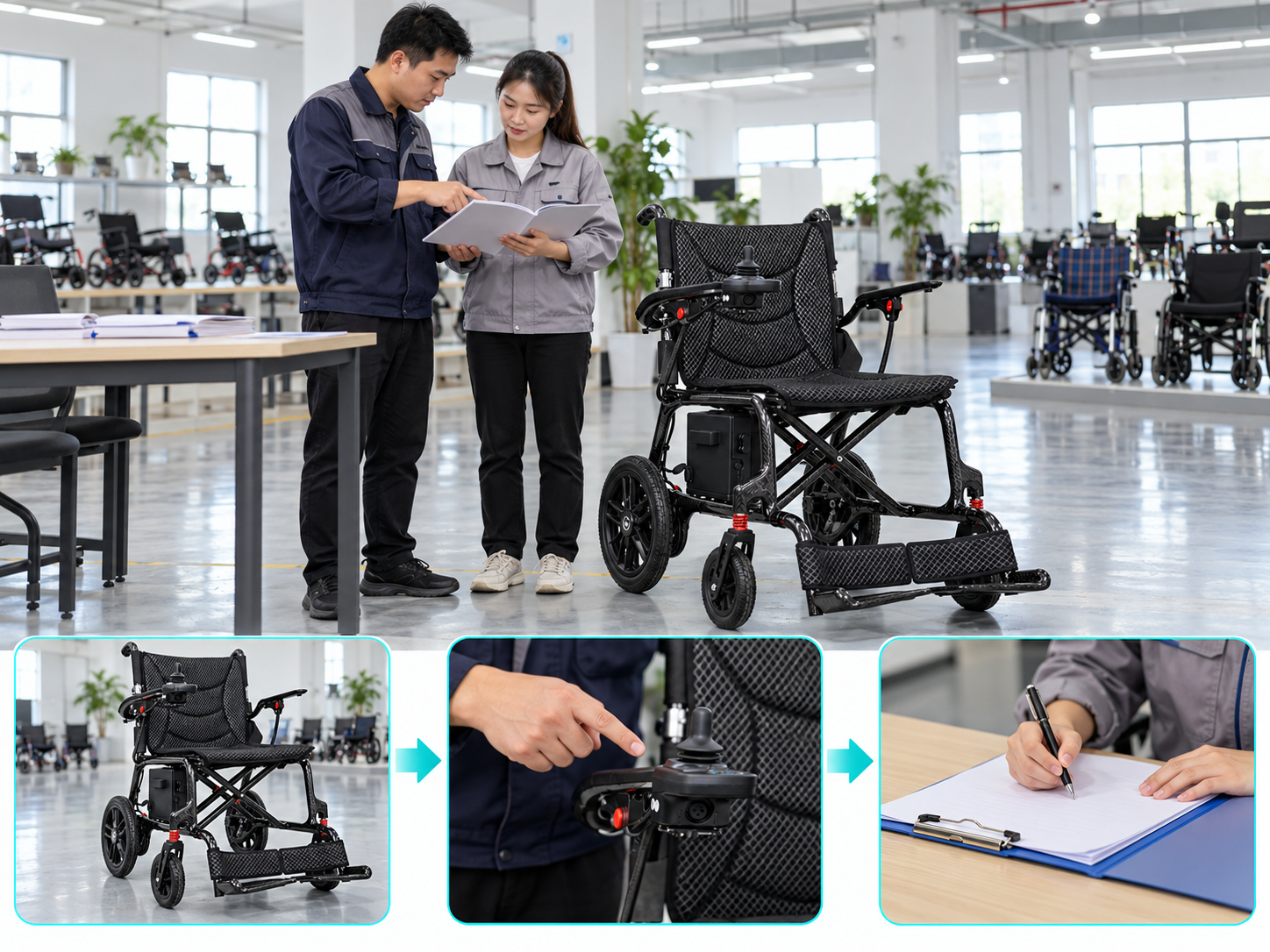 Illustrative power chair staff training workflow chart; no test results