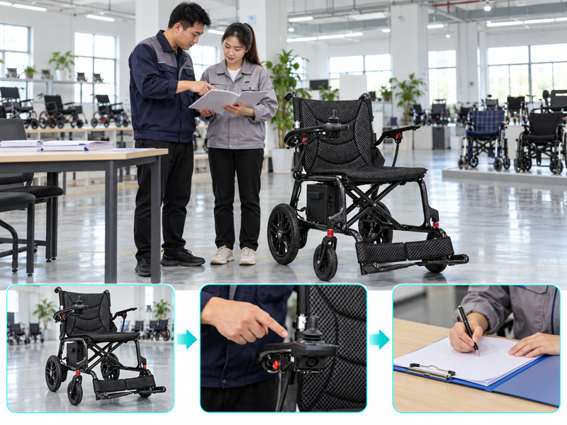 Power chair staff training illustrated with a wheelchair scene and photographic workflow