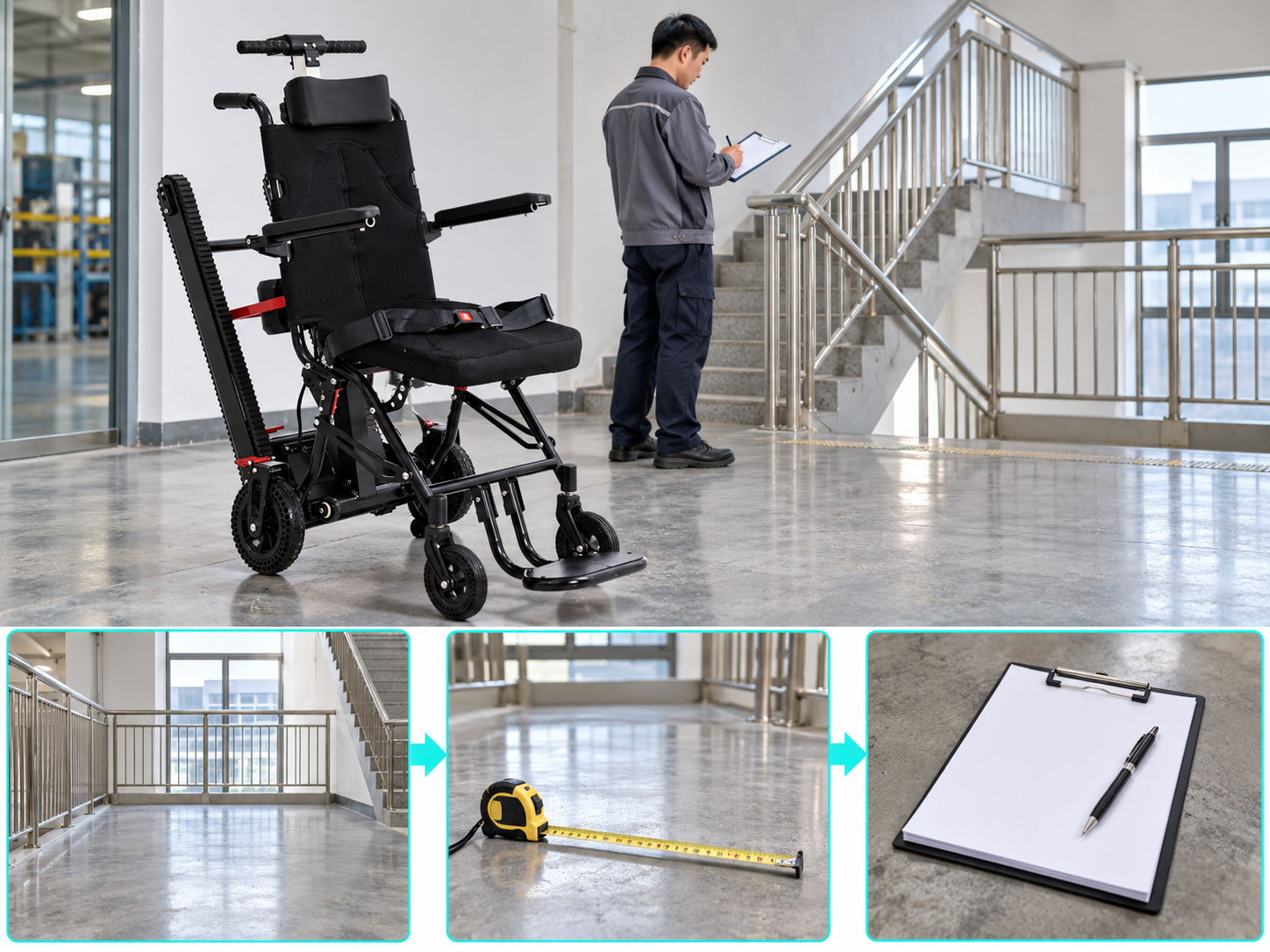 Illustrative stair chair landing space workflow chart with photographic steps; not a performance test