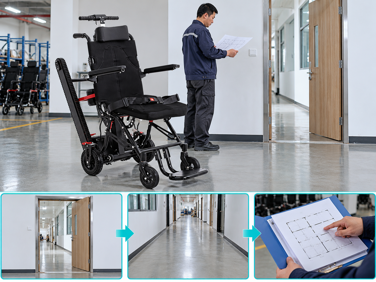 Illustrative stair chair doorway access workflow chart with photographic steps; not a performance test