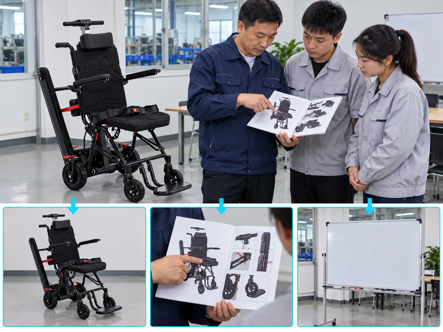 Illustrative stair chair operator training workflow chart with photographic steps; not a performance test