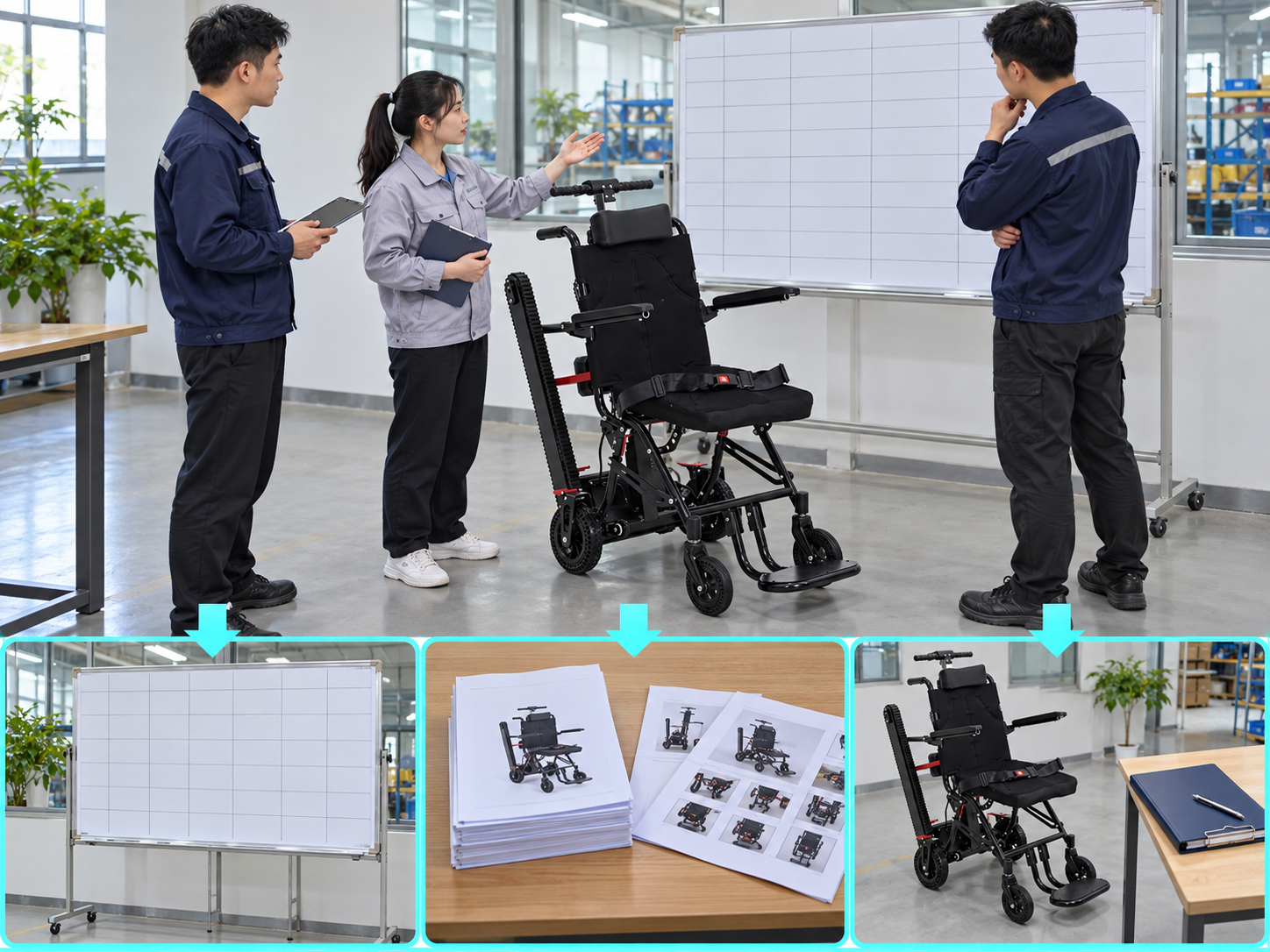 Illustrative stair chair shared staffing workflow chart with photographic steps; not a performance test