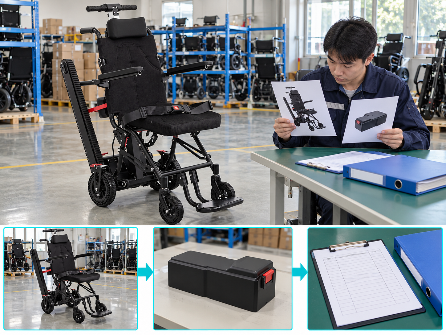 Illustrative stair chair battery records workflow chart with photographic steps; not a performance test