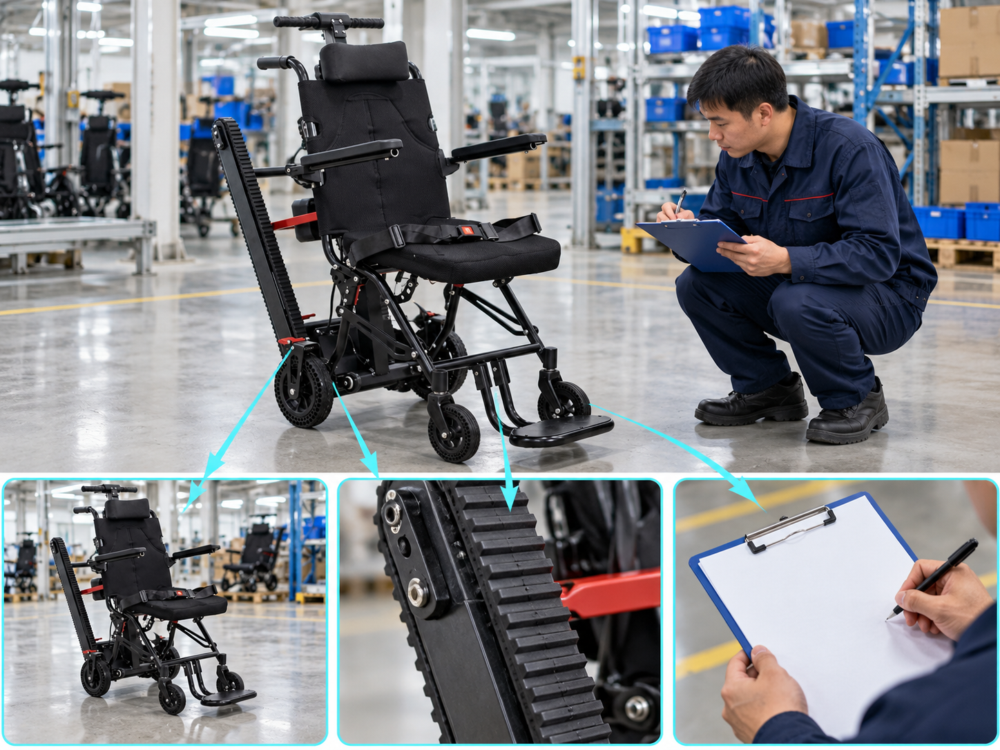 Illustrative stair chair track inspection workflow chart with photographic steps; not a performance test