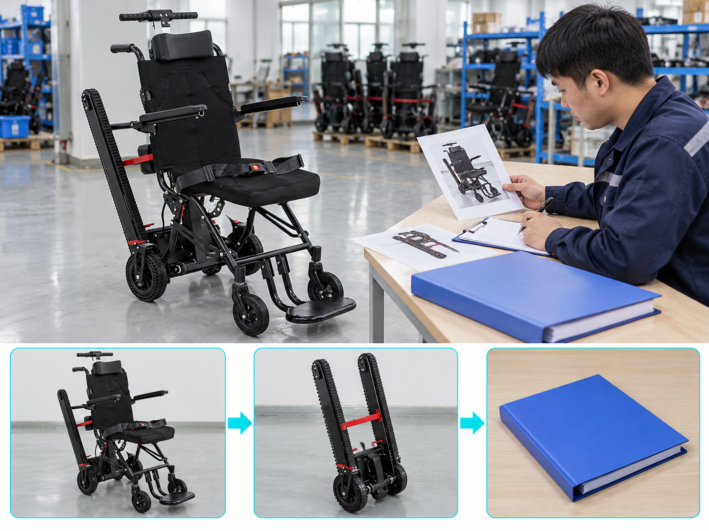 Illustrative stair chair model identity workflow chart with photographic steps; not a performance test