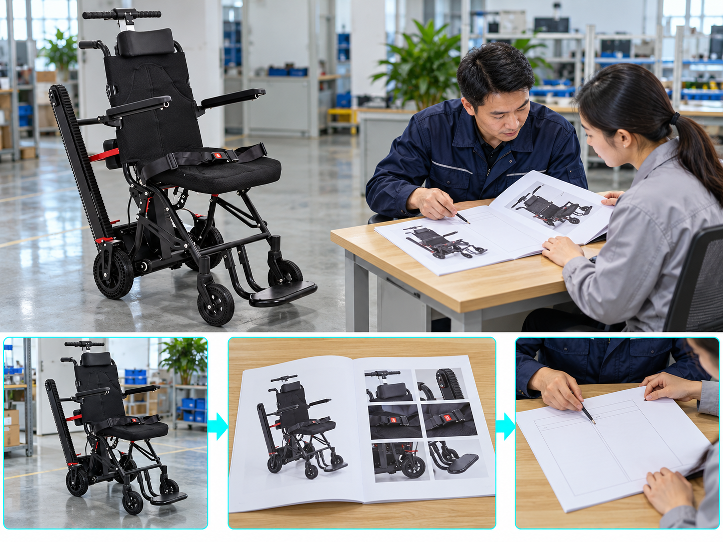 Illustrative stair chair care contracts workflow chart with photographic steps; not a performance test
