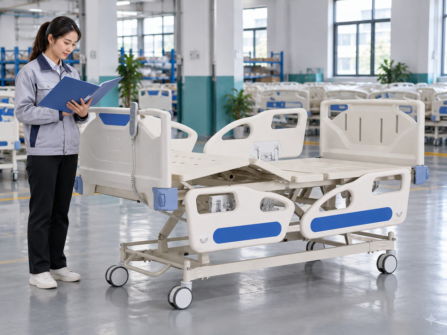 Illustrative product-file review beside an unoccupied hospital bed