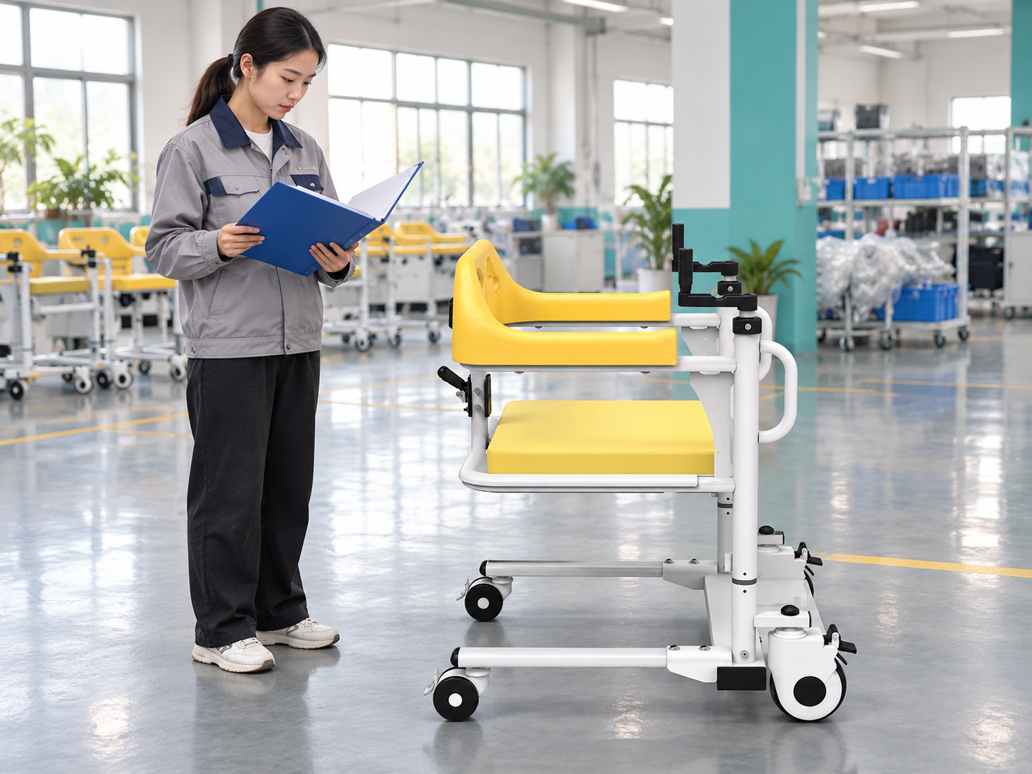 Illustrative model-document review beside a yellow manual-crank transfer chair