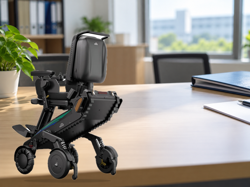 stair-climbing wheelchair product photo with an illustrative document review background