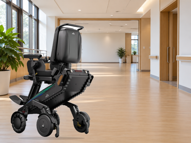stair-climbing wheelchair product photo with an illustrative indoor route background