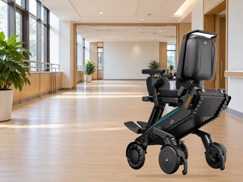 stair-climbing wheelchair product photo with an illustrative indoor route background