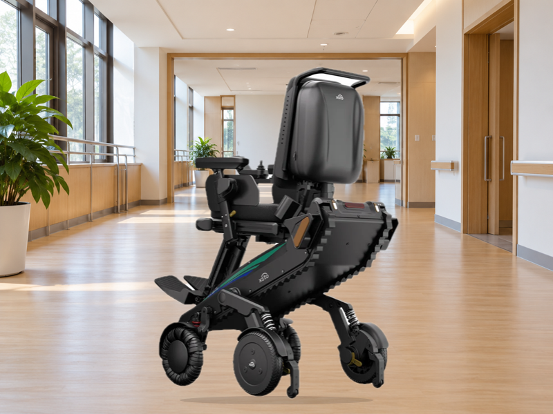 stair-climbing wheelchair product photo with an illustrative indoor route background